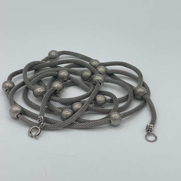 60" Silver Tone Mesh Necklace With Textured Bead Accents - Picture 9 of 11